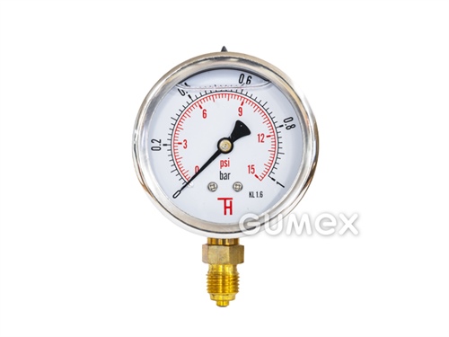 Manometer glycerínový so spodným vývodom, priemer 63mm, vonkajší závit G 1/4", 0-1bar, trieda presnosti 1,6%, priezor akryl, púzdro nerezová oceľ, -40°C/+60°C